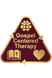 Gospel Centered Therapy logo — maroon triangle with gold brain, Bible, and heart