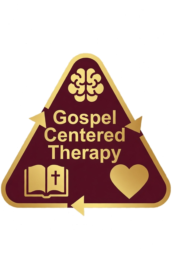 Gospel Centered Therapy emblem: brain, open Bible, and heart in a gold-bordered maroon triangle